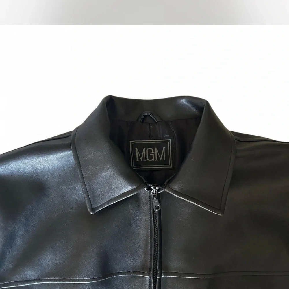 Black Classic Zip Up Leather Jacket Oversized Men's Medium Vintage | MGM
